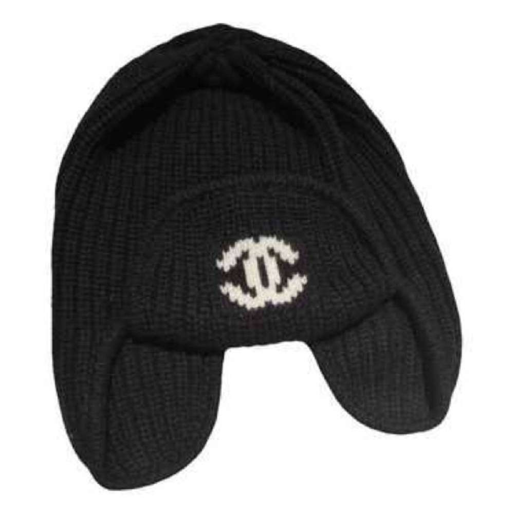 CHANEL Black Knit Hat with White Logo Beanie Pullover ears hat black  NWOT